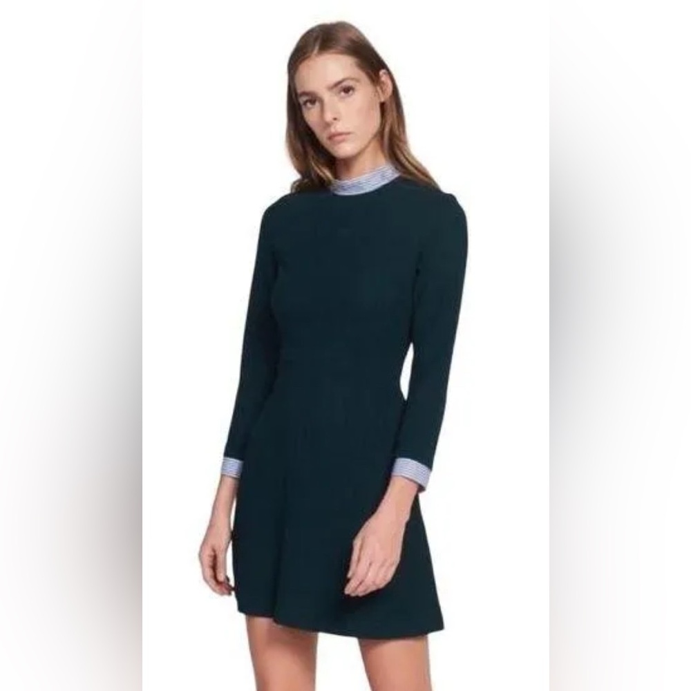 Sandro Paris Navy Blue Long Sleeve Dress Mock Neck Striped Collar